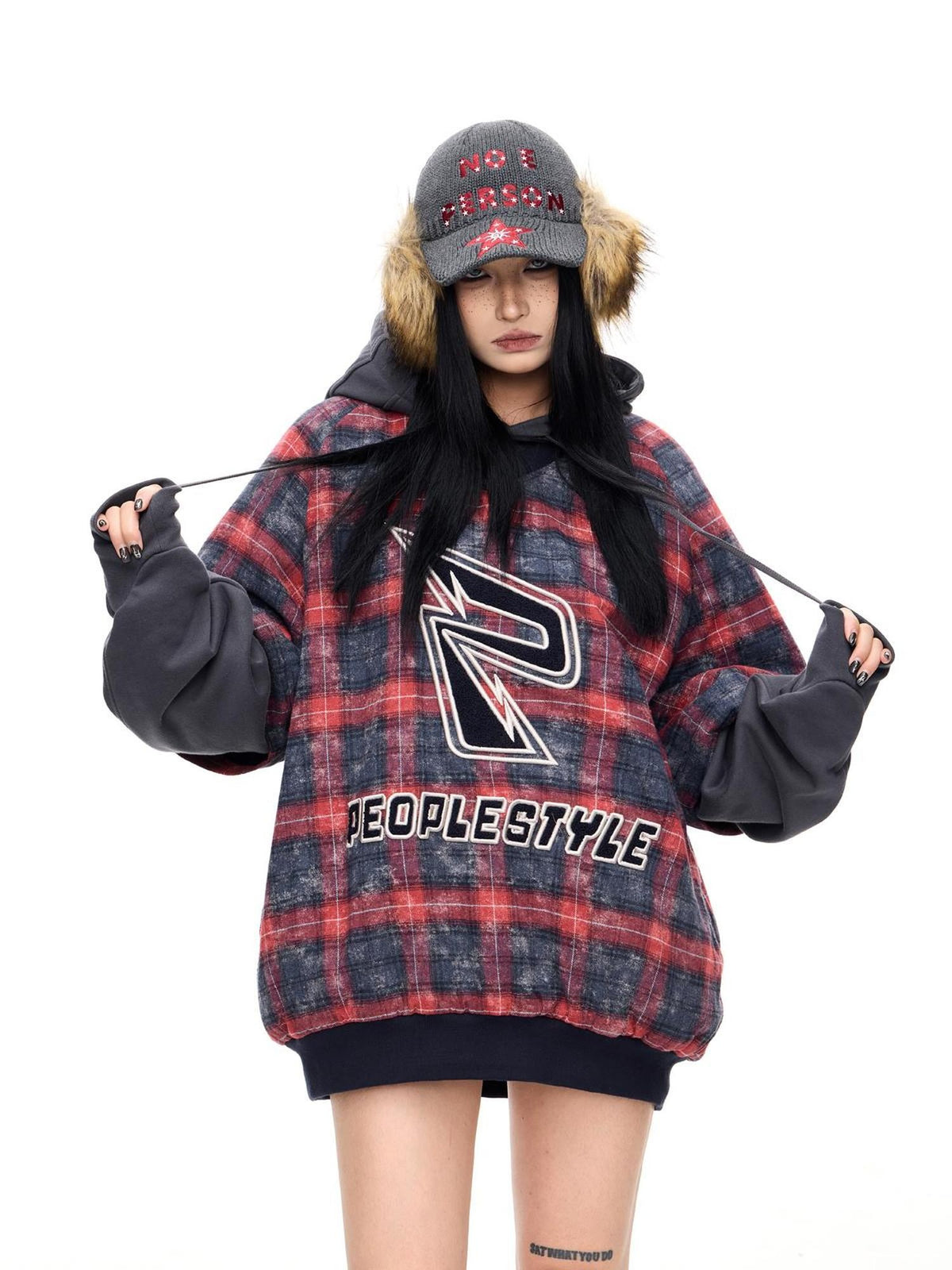 PEOPLESENSE Plaid Embroidered Loose Fit Cotton Blend Women&