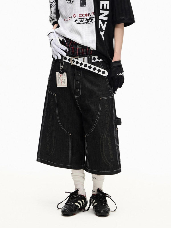 Red Selvage Patchwork Laser Print Button Fly Women's Denim Cropped Jeans
