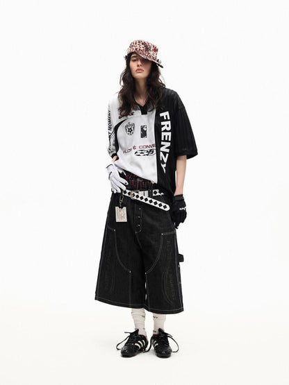 PEOPLESENSE Red Selvage Patchwork Laser Print Button Fly Women&