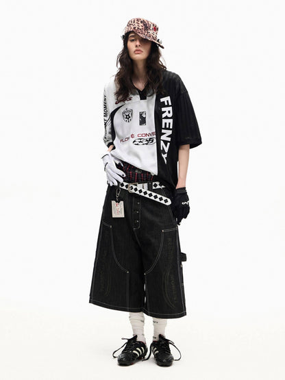 PEOPLESENSE Red Selvage Patchwork Laser Print Button Fly Women&