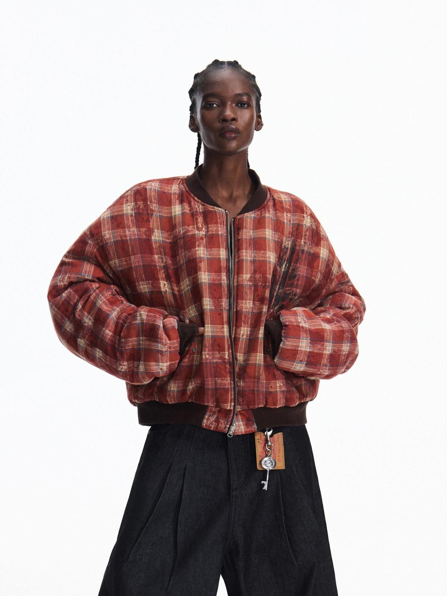 PEOPLESENSE Reversible Distressed Wide Fit Unisex Commuter Plaid Pu Cotton Puffer Jacket