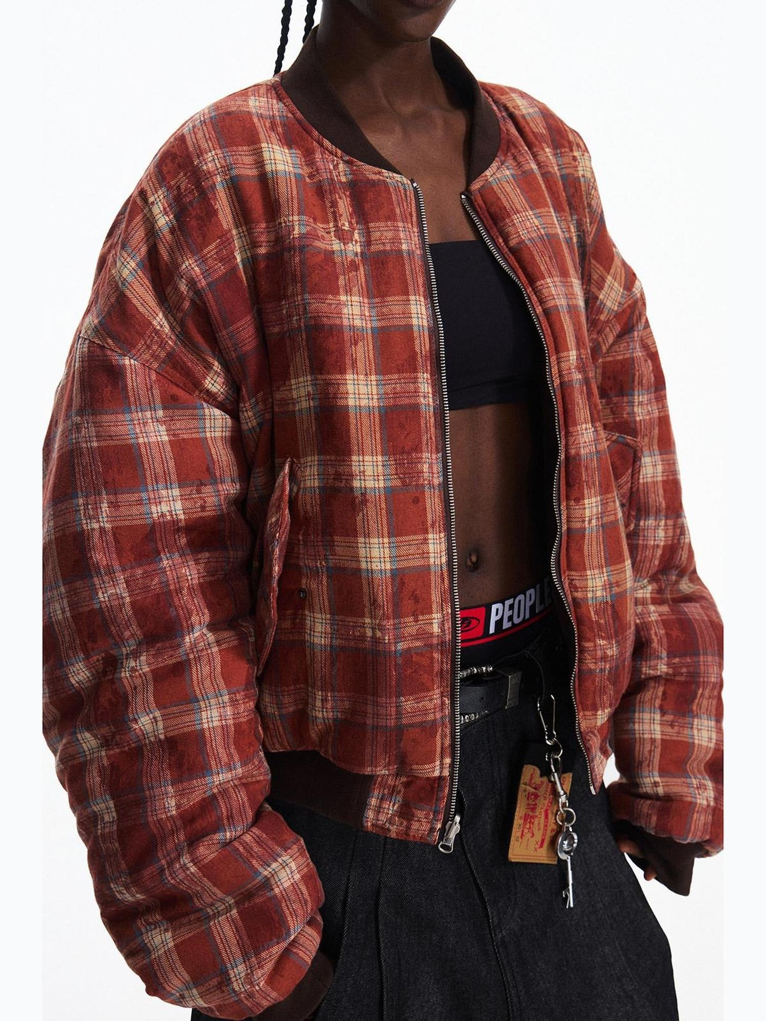 PEOPLESENSE Reversible Distressed Wide Fit Unisex Commuter Plaid Pu Cotton Puffer Jacket