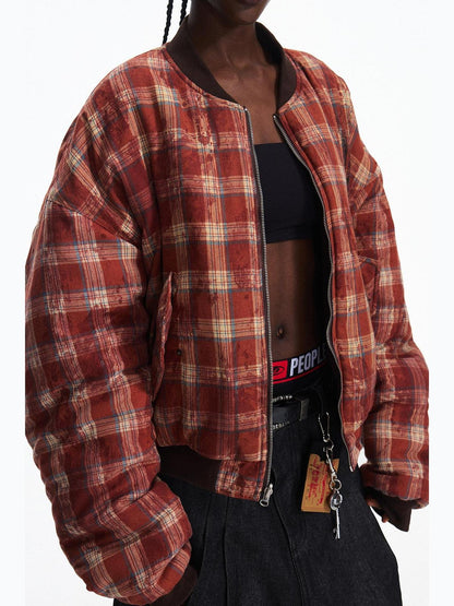 PEOPLESENSE Reversible Distressed Wide Fit Unisex Commuter Plaid Pu Cotton Puffer Jacket