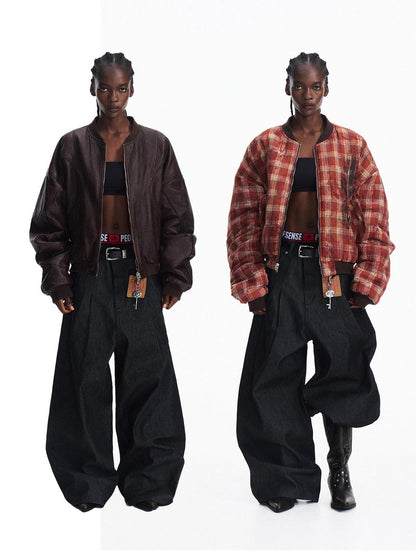 PEOPLESENSE Reversible Distressed Wide Fit Unisex Commuter Plaid Pu Cotton Puffer Jacket