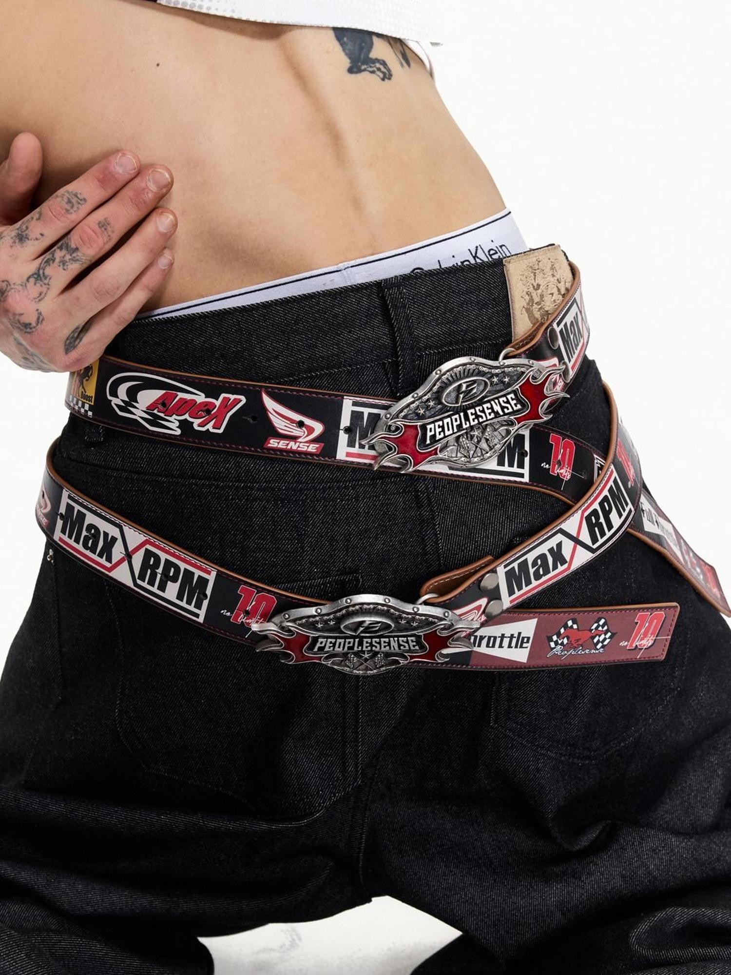 PEOPLESENSE Snake Print Biker Lettering Vintage Alloy Buckle Women&