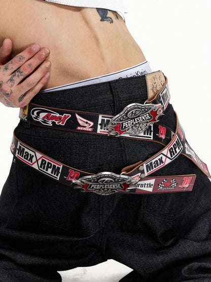 PEOPLESENSE Snake Print Biker Lettering Vintage Alloy Buckle Women&