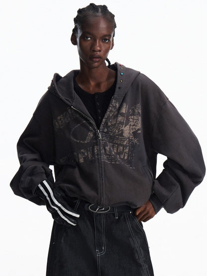 PEOPLESENSE Soft Pure Cotton Loose Fit Zip Hooded Casual Women Gray Hoodies