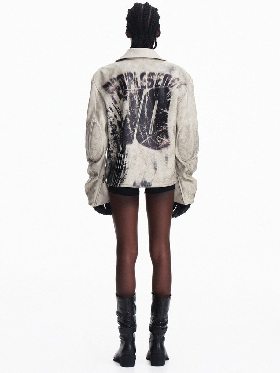 PEOPLESENSE Splatter Uv Leather Relaxed Street Unisex Ribbed Hem Lapel Snap Short Jacket