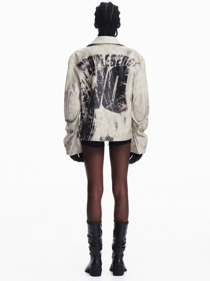PEOPLESENSE Splatter Uv Leather Relaxed Street Unisex Ribbed Hem Lapel Snap Short Jacket