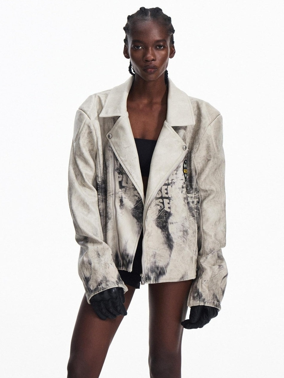 PEOPLESENSE Splatter Uv Leather Relaxed Street Unisex Ribbed Hem Lapel Snap Short Jacket
