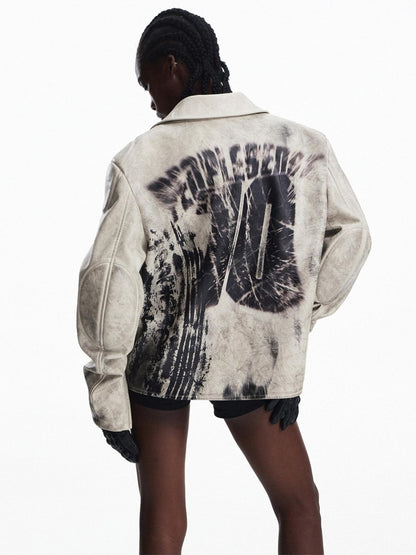 PEOPLESENSE Splatter Uv Leather Relaxed Street Unisex Ribbed Hem Lapel Snap Short Jacket