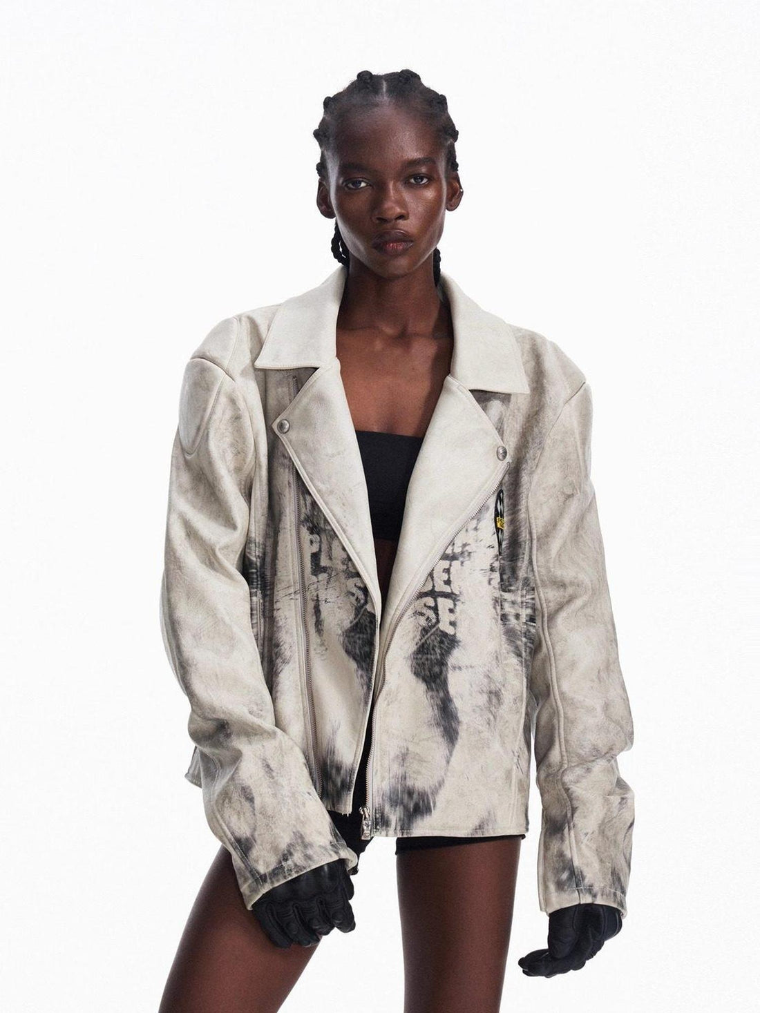 PEOPLESENSE Splatter Uv Leather Relaxed Street Unisex Ribbed Hem Lapel Snap Short Jacket