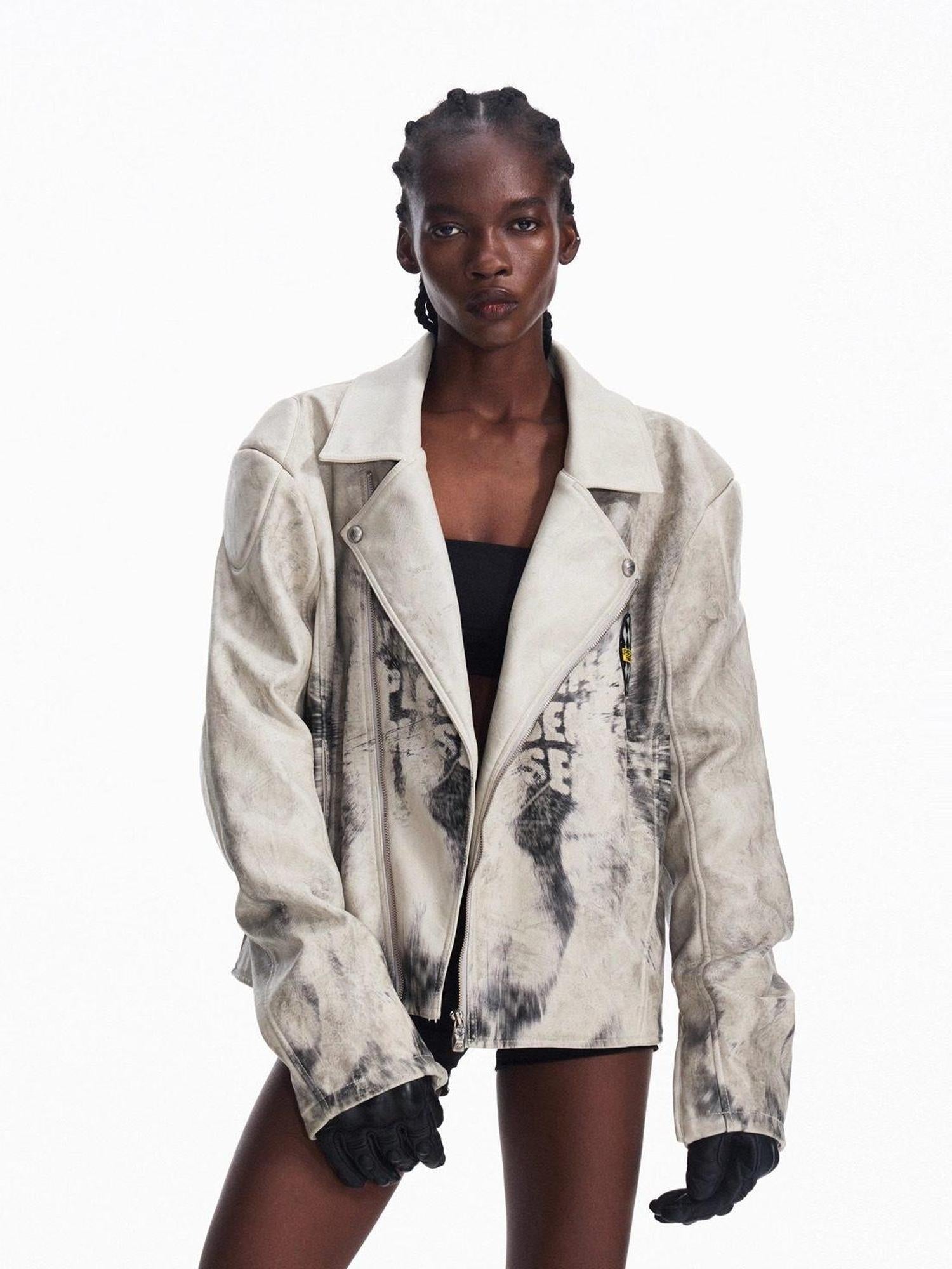 PEOPLESENSE Splatter Uv Leather Relaxed Street Unisex Ribbed Hem Lapel Snap Short Jacket