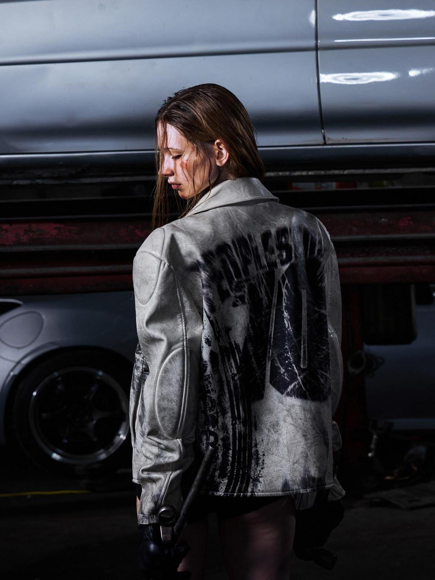 PEOPLESENSE Splatter Uv Leather Relaxed Street Unisex Ribbed Hem Lapel Snap Short Jacket