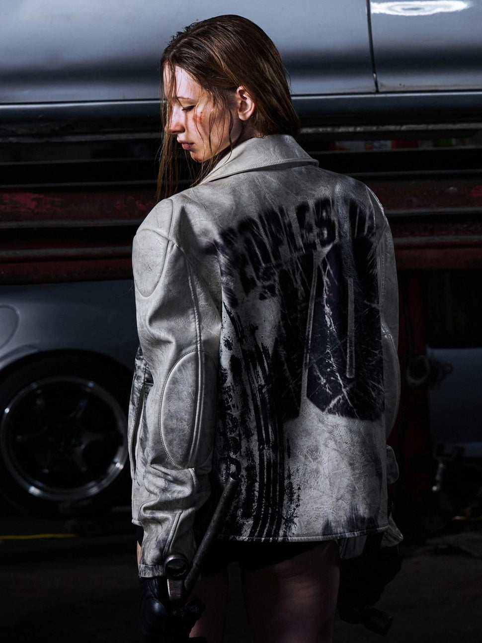 PEOPLESENSE Splatter Uv Leather Relaxed Street Unisex Ribbed Hem Lapel Snap Short Jacket