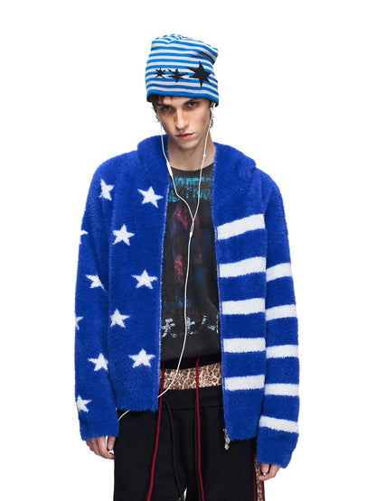 PEOPLESENSE Star Jacquard Hooded Faux Mink Royal Blue Women&