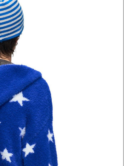 PEOPLESENSE Star Jacquard Hooded Faux Mink Royal Blue Women&