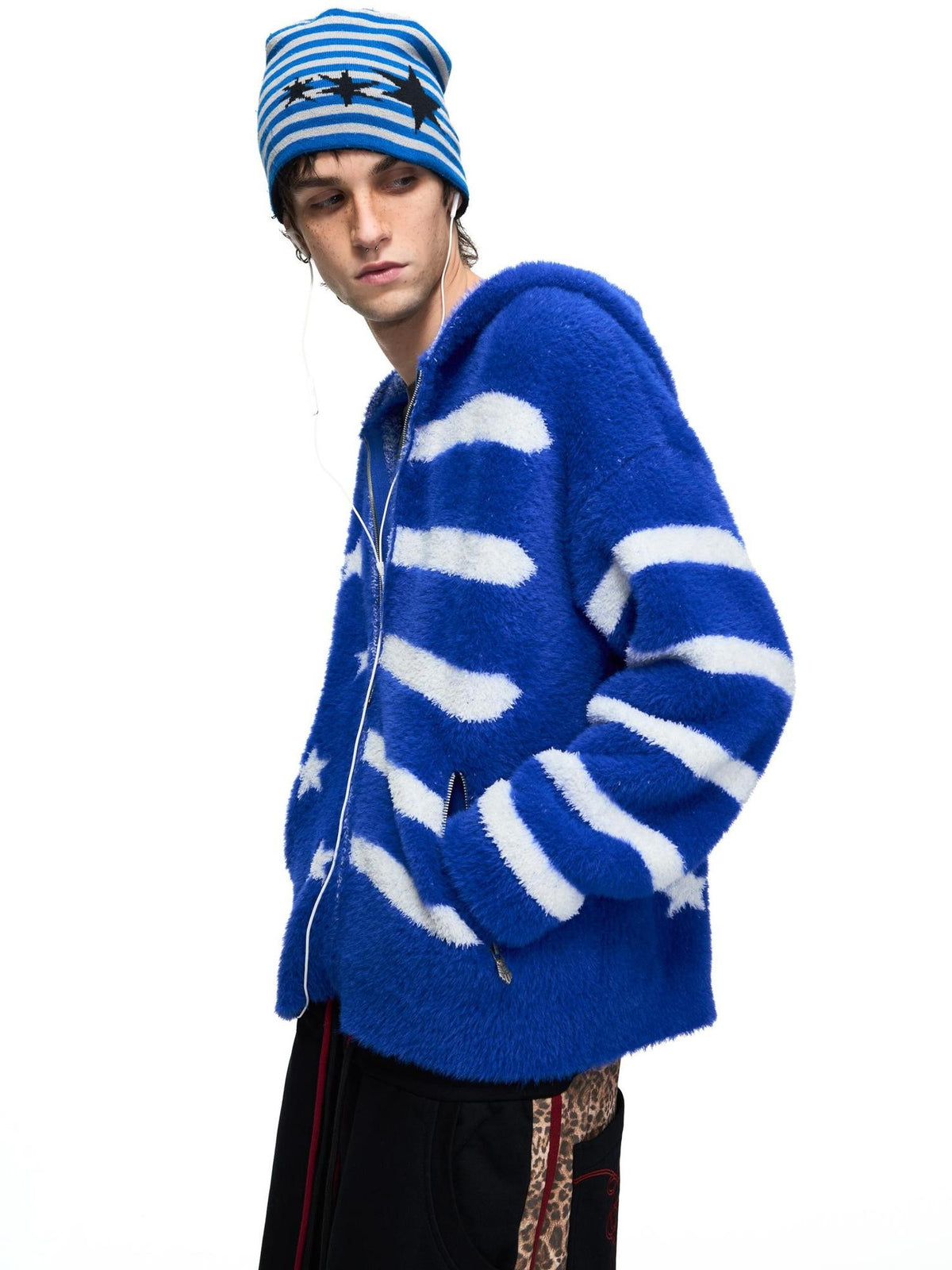 PEOPLESENSE Star Jacquard Hooded Faux Mink Royal Blue Women&
