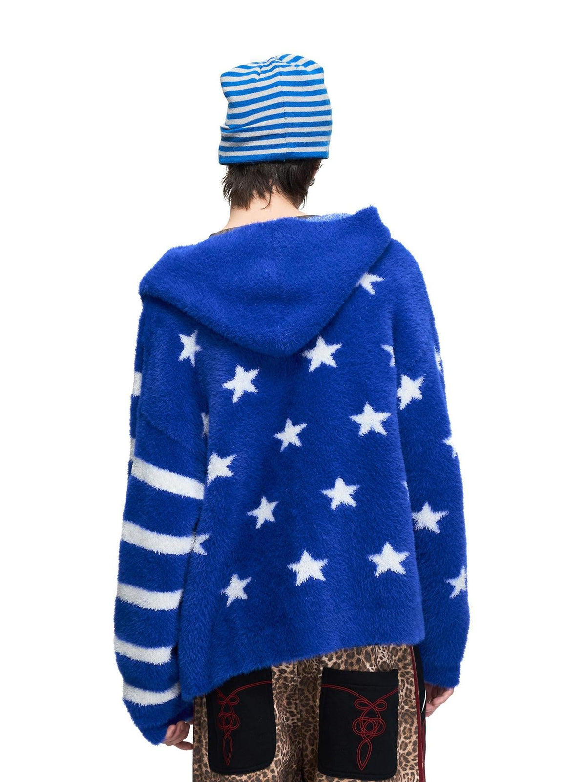 PEOPLESENSE Star Jacquard Hooded Faux Mink Royal Blue Women&
