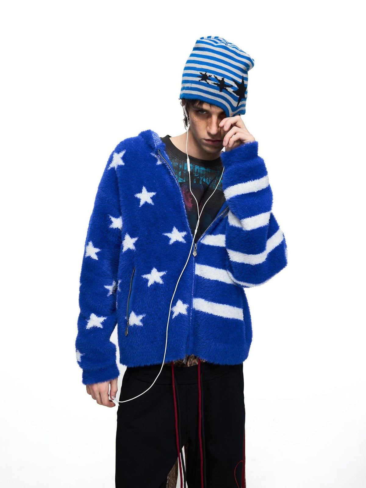 PEOPLESENSE Star Jacquard Hooded Faux Mink Royal Blue Women&