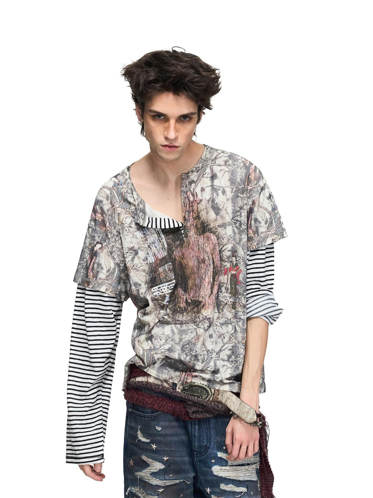 PEOPLESENSE Vintage Chinese Print Faux Layer Cotton Women&