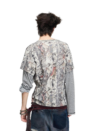 PEOPLESENSE Vintage Chinese Print Faux Layer Cotton Women&