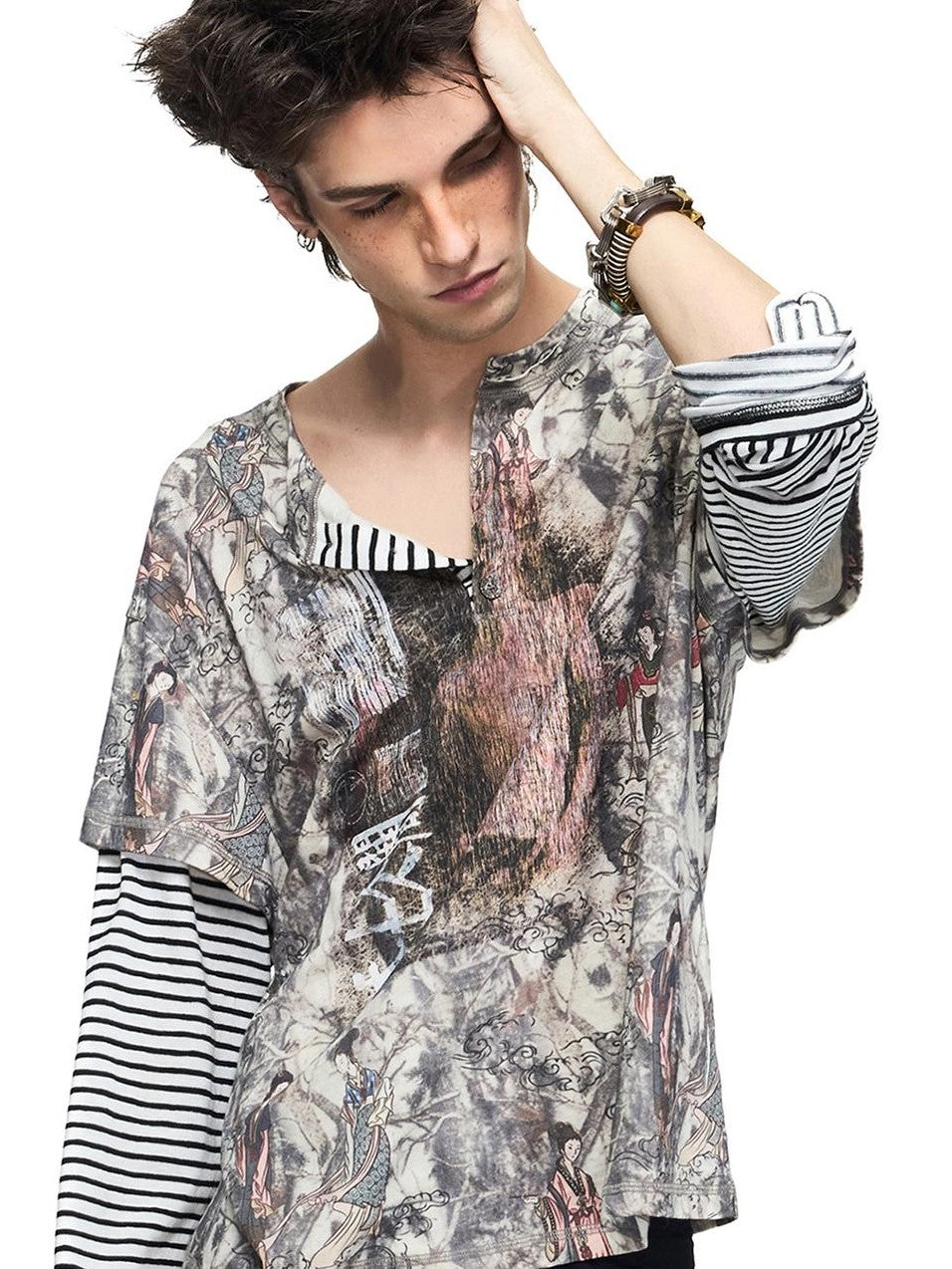 PEOPLESENSE Vintage Chinese Print Faux Layer Cotton Women&
