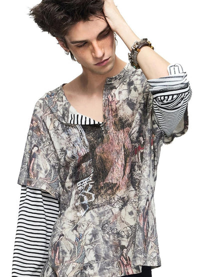 PEOPLESENSE Vintage Chinese Print Faux Layer Cotton Women&