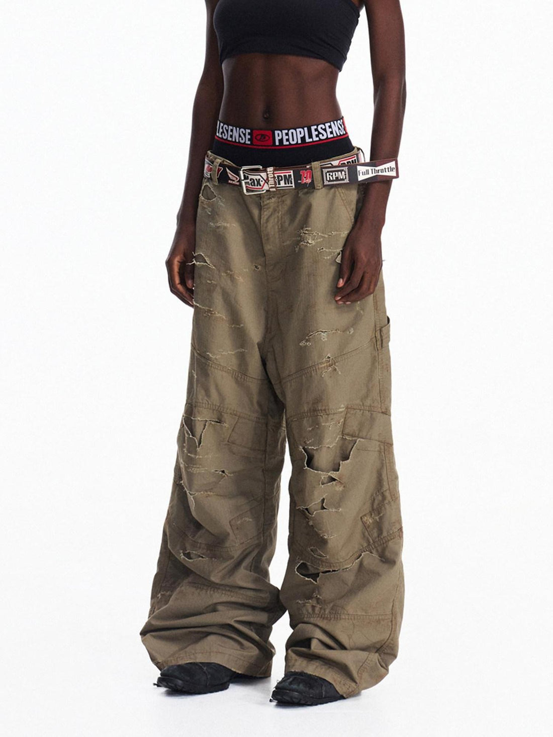 PEOPLESENSE Vintage Distressed Loose Cargo Workwear Mid Rise Khaki Cotton Pants