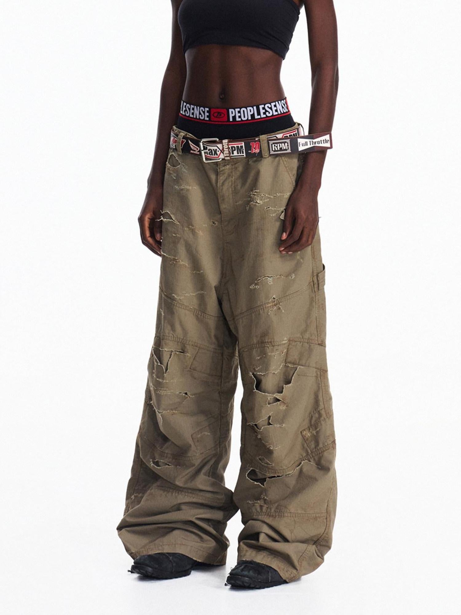 PEOPLESENSE Vintage Distressed Loose Cargo Workwear Mid Rise Khaki Cotton Pants
