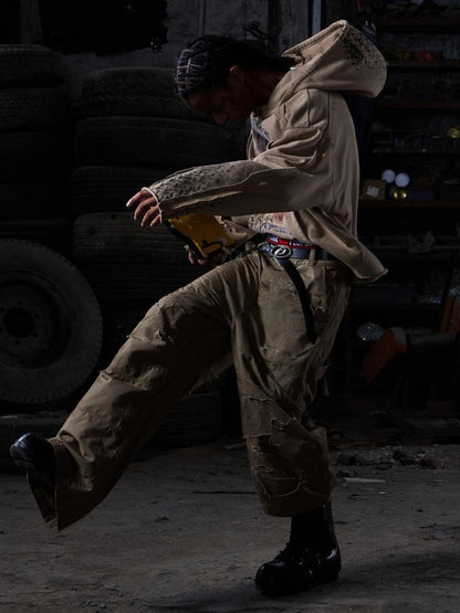 PEOPLESENSE Vintage Distressed Loose Cargo Workwear Mid Rise Khaki Cotton Pants