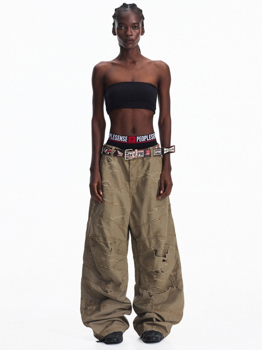 PEOPLESENSE Vintage Distressed Loose Cargo Workwear Mid Rise Khaki Cotton Pants