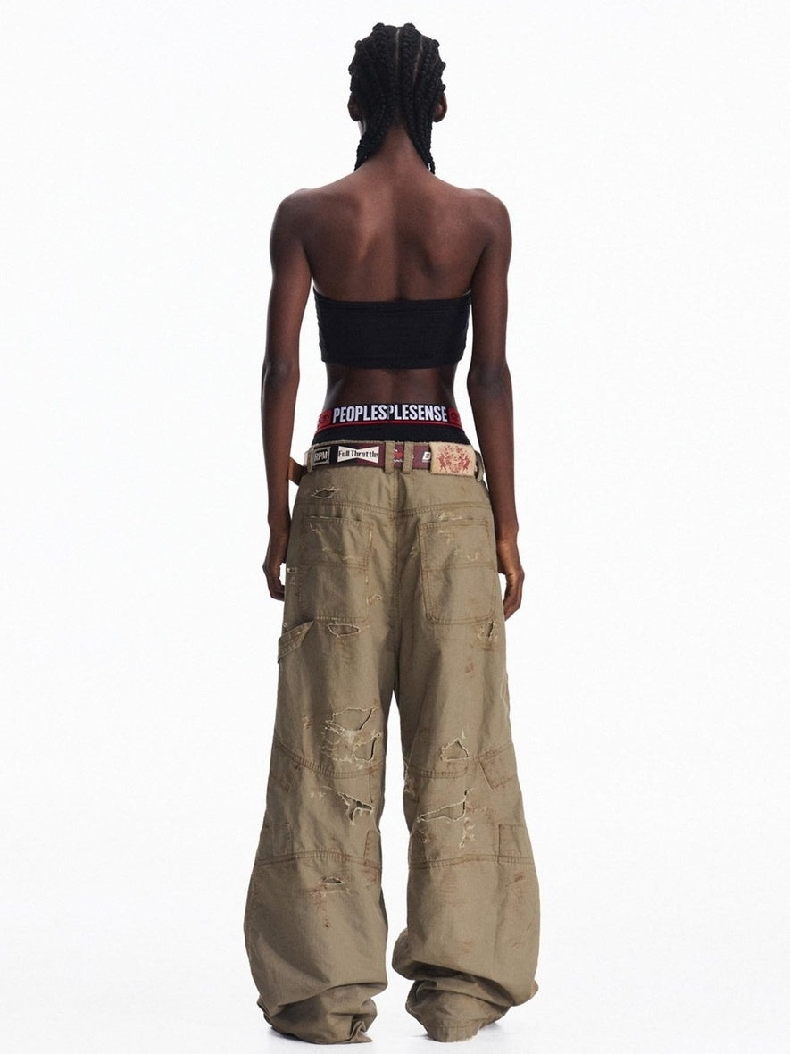PEOPLESENSE Vintage Distressed Loose Cargo Workwear Mid Rise Khaki Cotton Pants