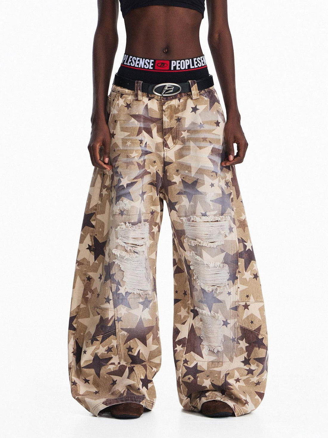 PEOPLESENSE Vintage Washed Gradient Wide Leg Mid Rise Unisex Khaki Star Patch Jeans