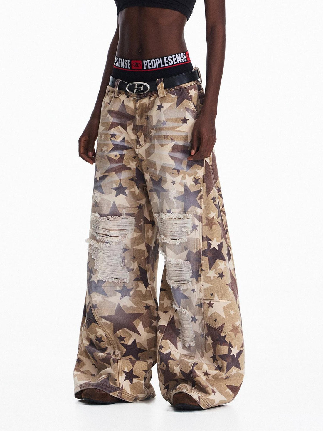 PEOPLESENSE Vintage Washed Gradient Wide Leg Mid Rise Unisex Khaki Star Patch Jeans