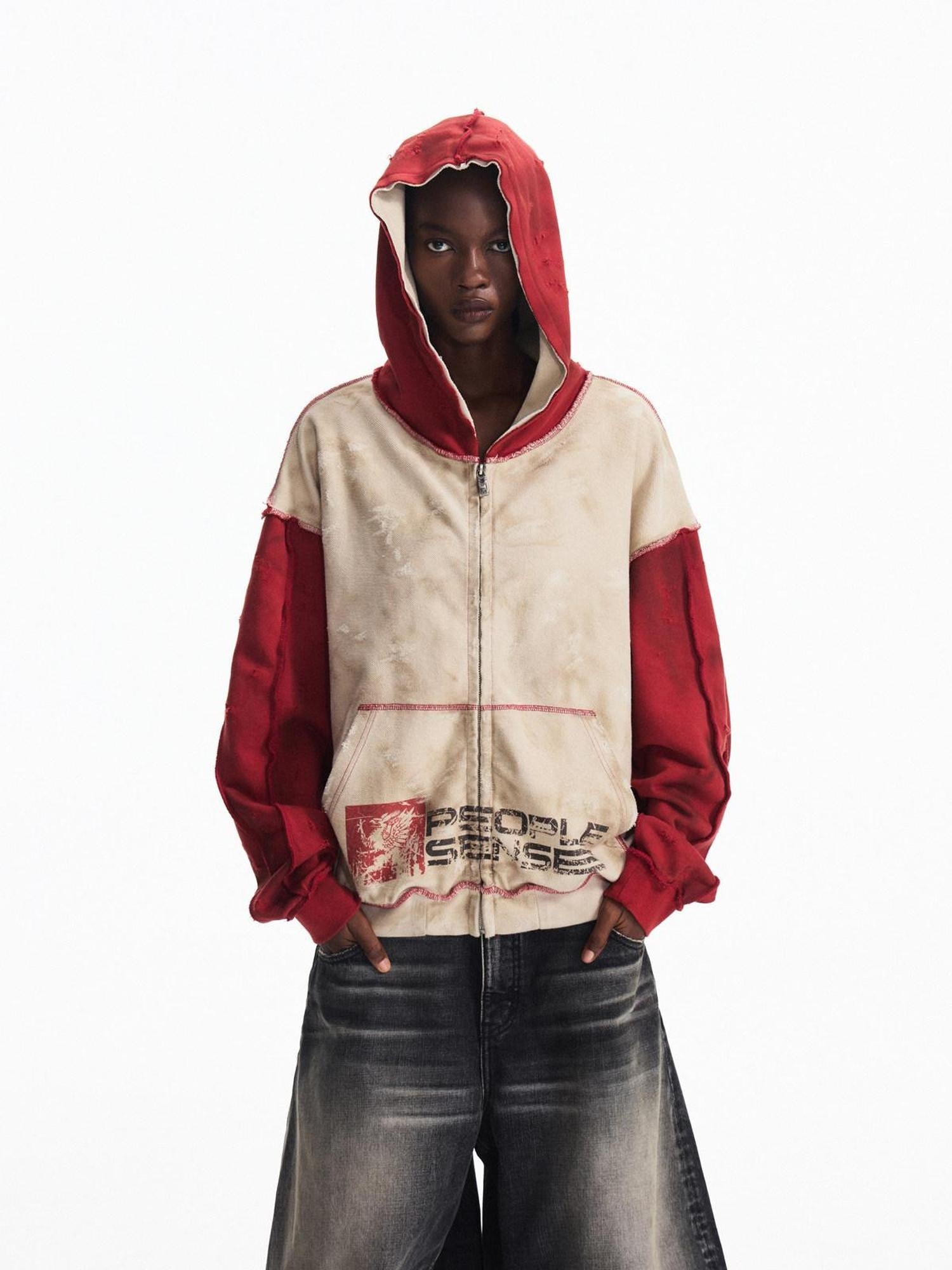 PEOPLESENSE Vintage Washed Loose Fit Hooded Zip Up V-ceck Logo Cotton Blend Unisex Hoodies