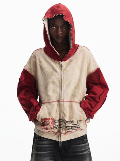 PEOPLESENSE Vintage Washed Loose Fit Hooded Zip Up V-ceck Logo Cotton Blend Unisex Hoodies