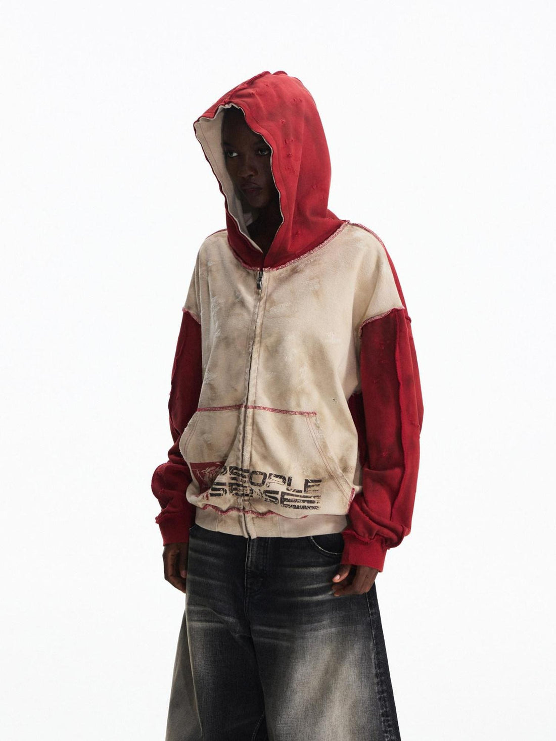 PEOPLESENSE Vintage Washed Loose Fit Hooded Zip Up V-ceck Logo Cotton Blend Unisex Hoodies