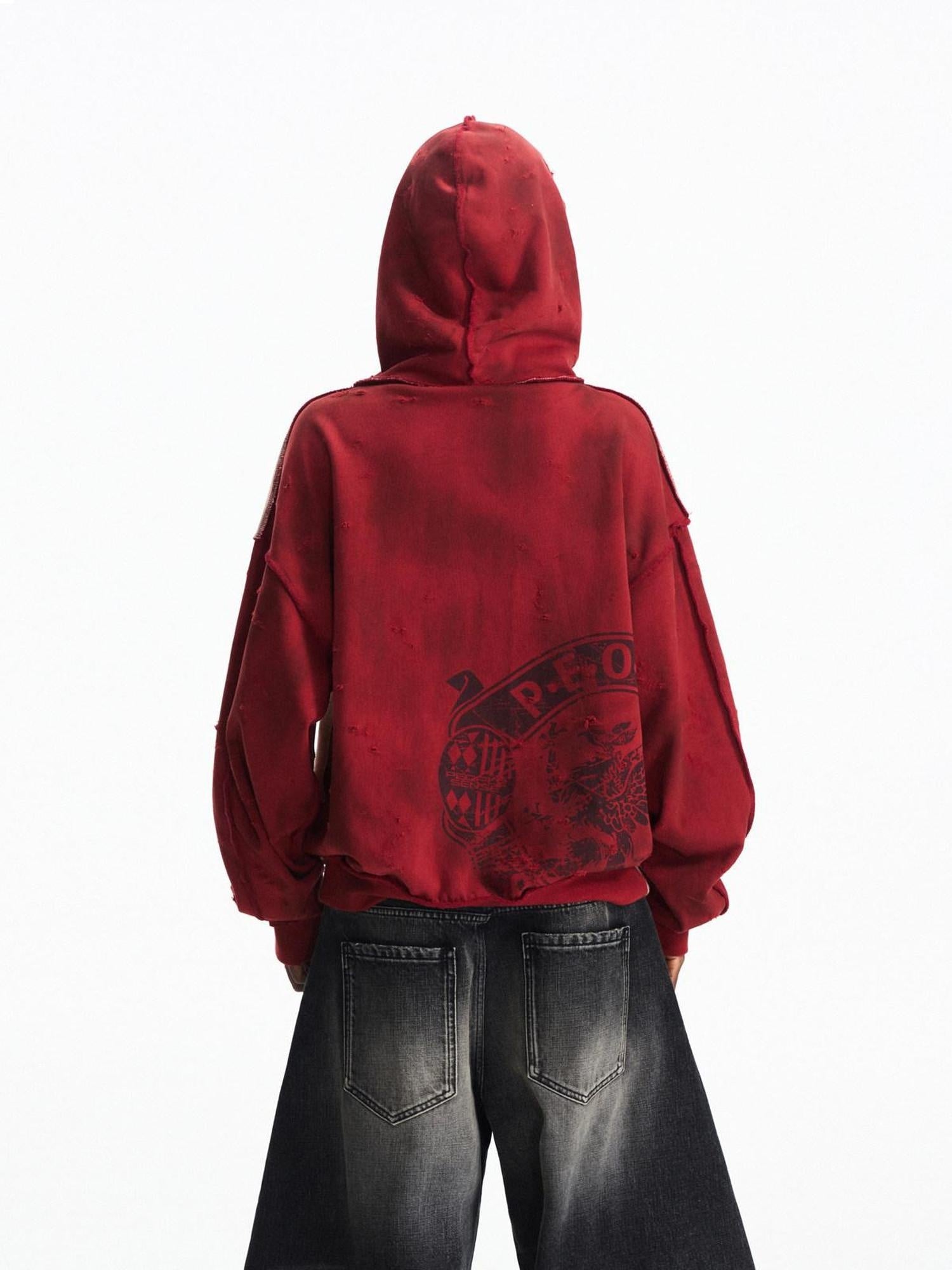 PEOPLESENSE Vintage Washed Loose Fit Hooded Zip Up V-ceck Logo Cotton Blend Unisex Hoodies