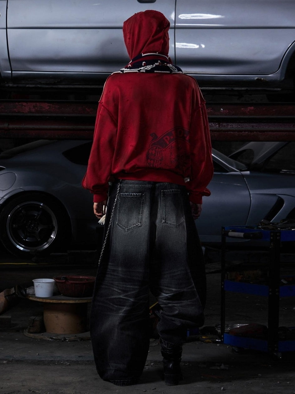 PEOPLESENSE Vintage Washed Loose Fit Hooded Zip Up V-ceck Logo Cotton Blend Unisex Hoodies