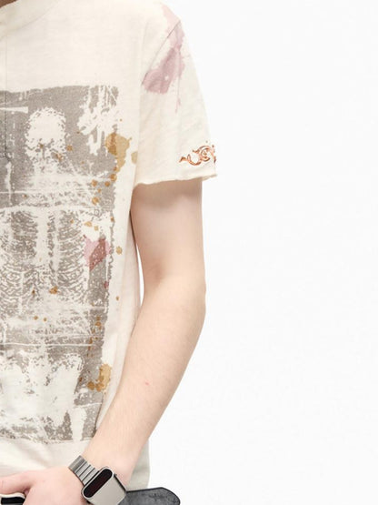 PEOPLESENSE Vintage Washed Print Slub Henley Women&