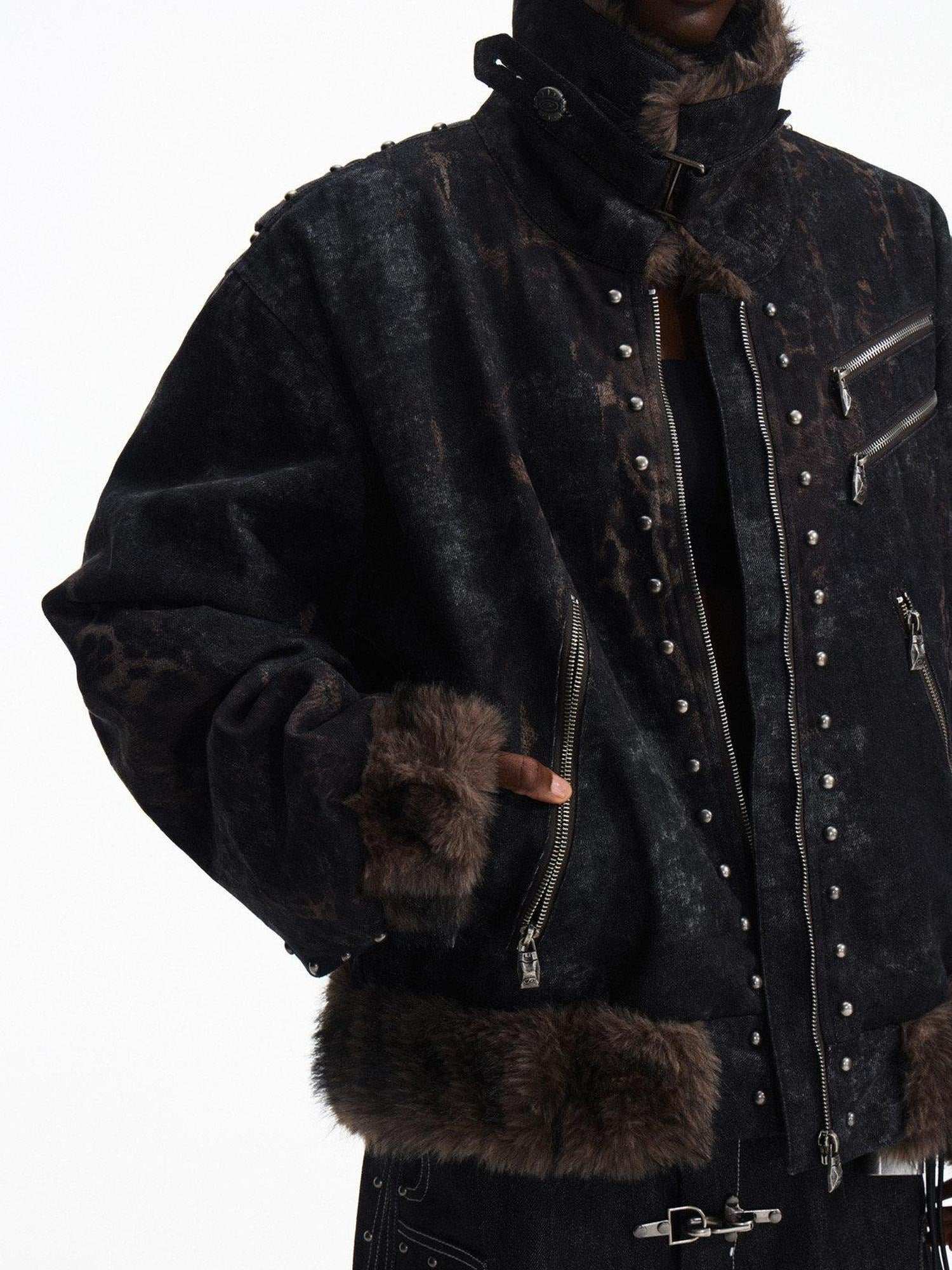 PEOPLESENSE Warm Leopard Print Fur Collar Loose Fit Unisex Outdoor Washed Blue Zip Jacket