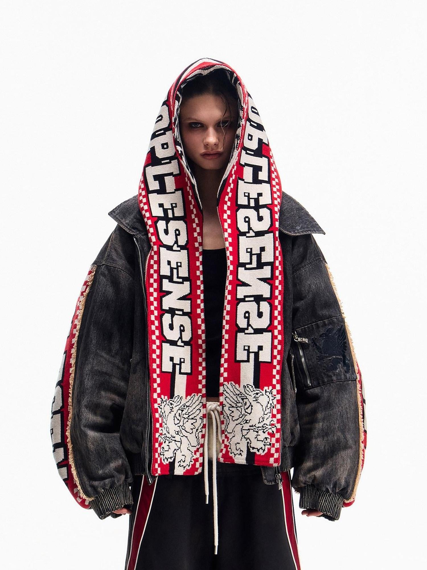 PEOPLESENSE Warm Washed Cotton Fill Loose Fit Detachable Scarf Hood Black Puffer Jacket