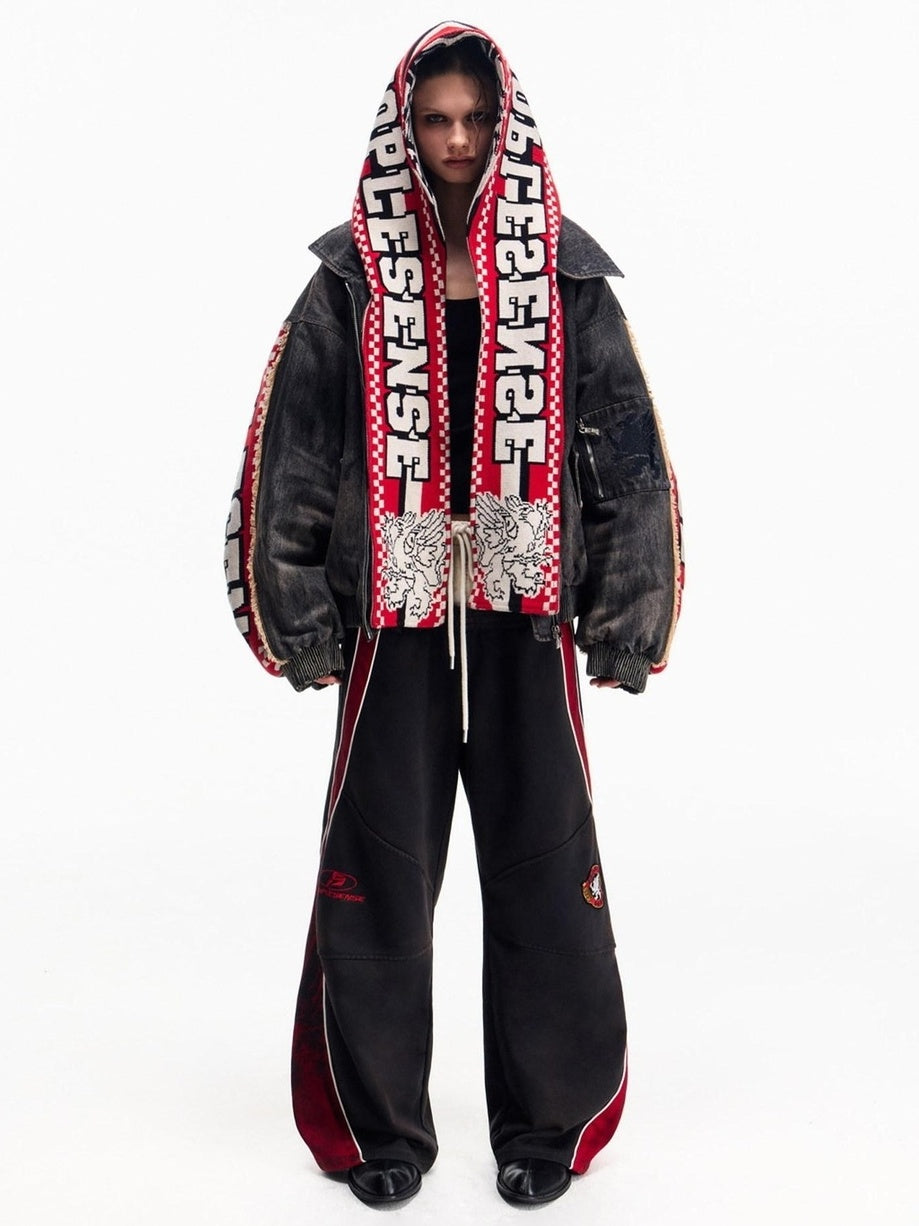 PEOPLESENSE Warm Washed Cotton Fill Loose Fit Detachable Scarf Hood Black Puffer Jacket