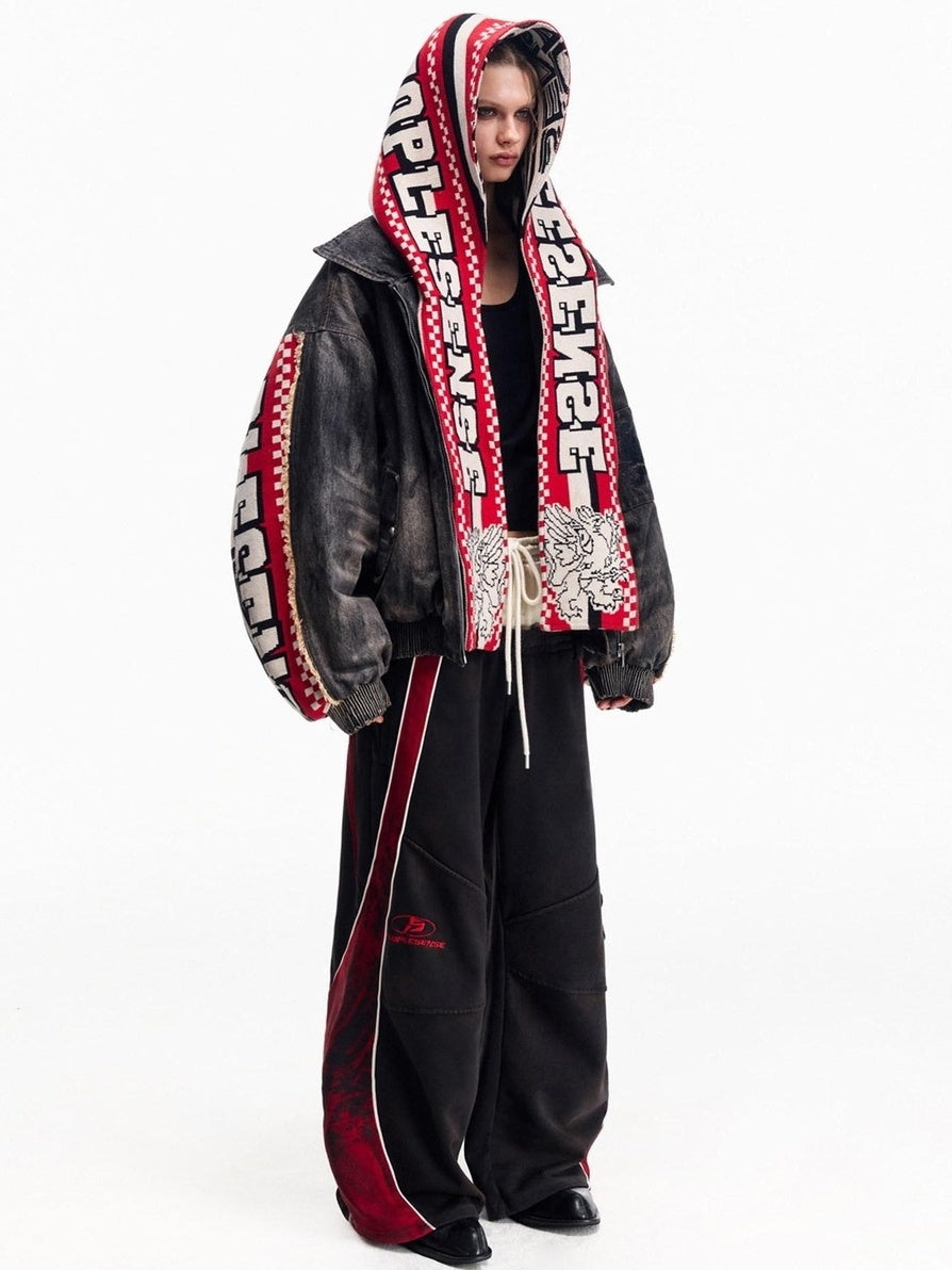 PEOPLESENSE Warm Washed Cotton Fill Loose Fit Detachable Scarf Hood Black Puffer Jacket