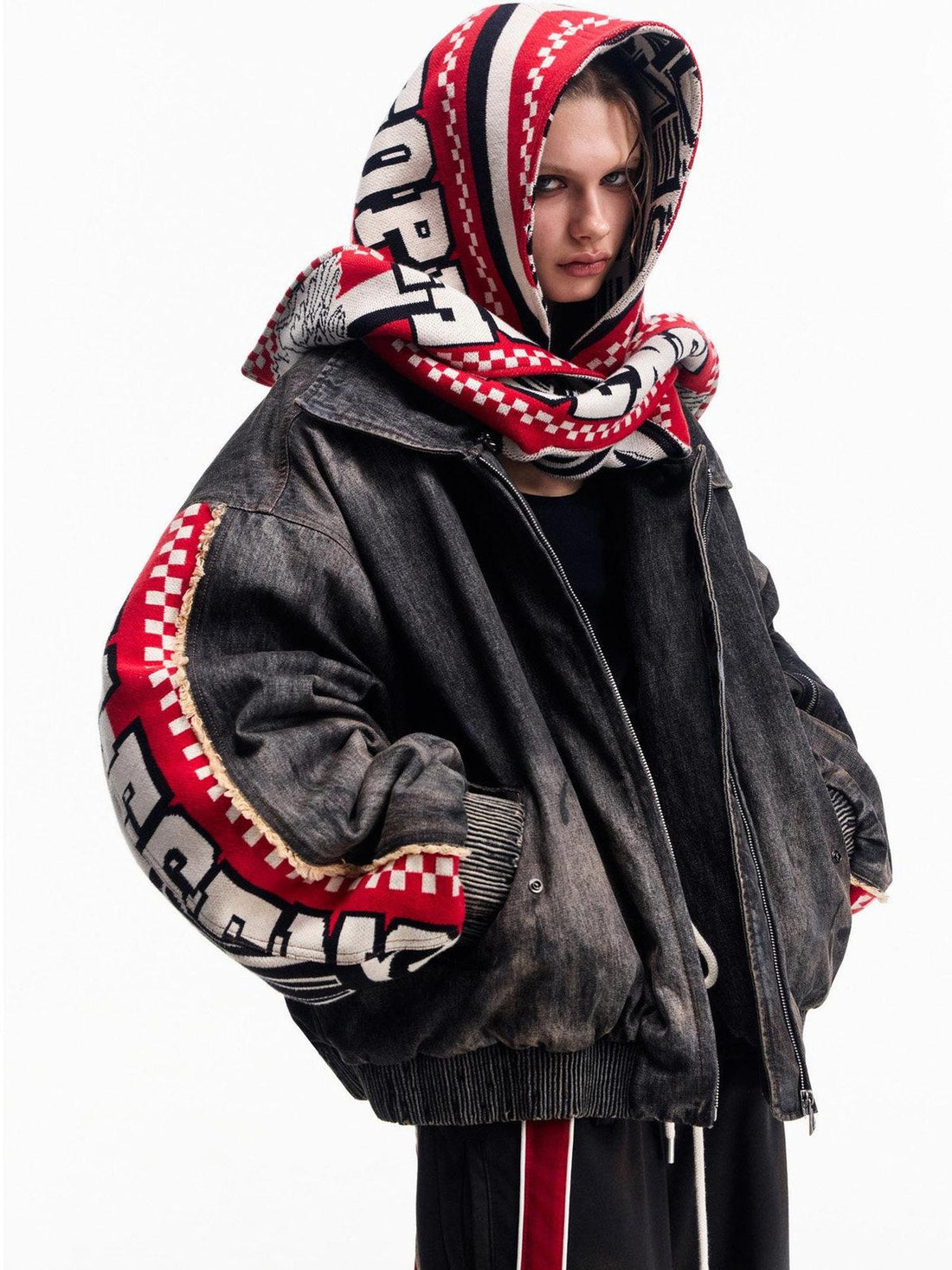 PEOPLESENSE Warm Washed Cotton Fill Loose Fit Detachable Scarf Hood Black Puffer Jacket