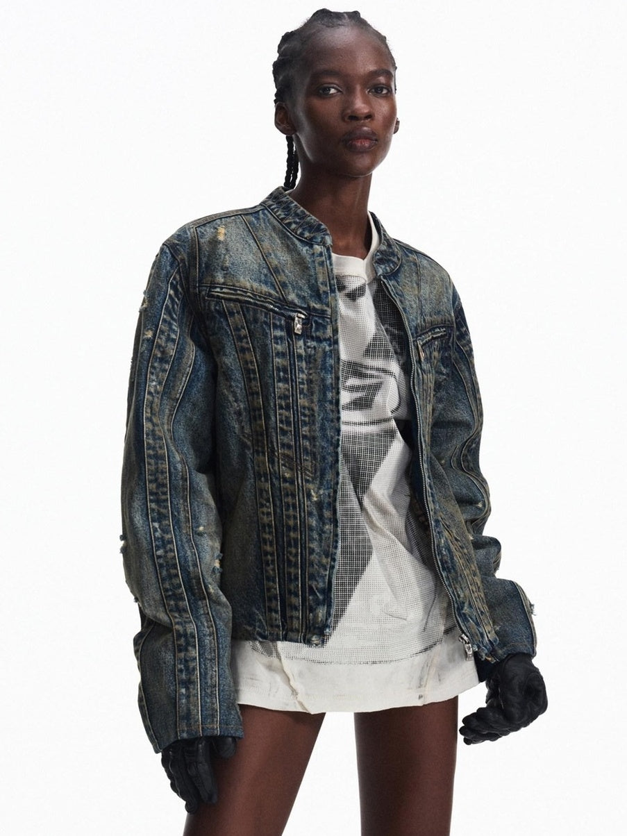 PEOPLESENSE Washed Denim Pure Cotton Slim Fit Patchwork Urban Short Zip Unisex Jacket