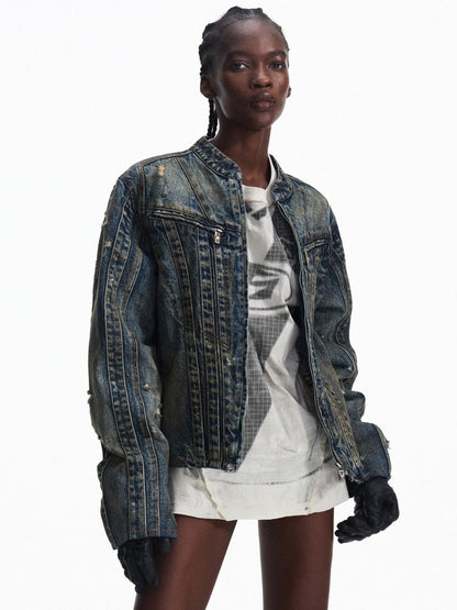 PEOPLESENSE Washed Denim Pure Cotton Slim Fit Patchwork Urban Short Zip Unisex Jacket