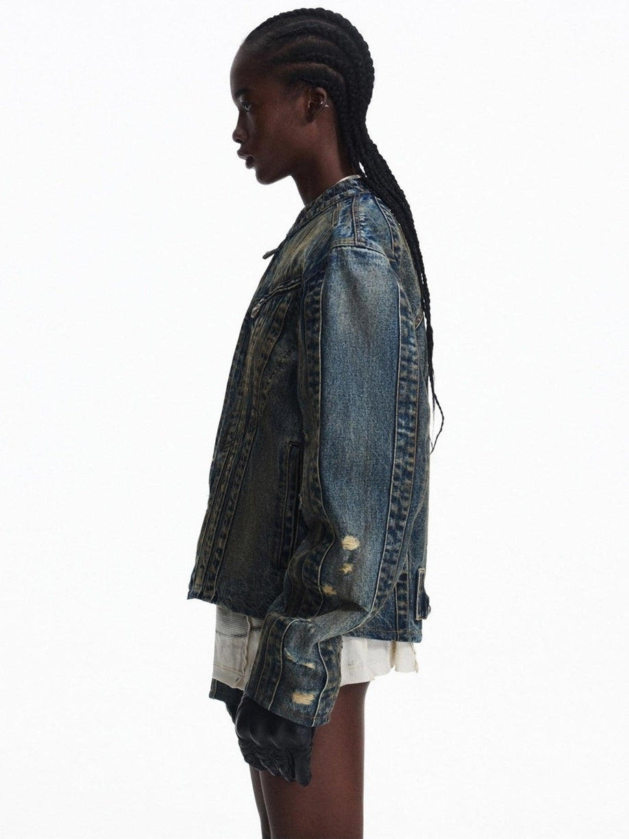 PEOPLESENSE Washed Denim Pure Cotton Slim Fit Patchwork Urban Short Zip Unisex Jacket