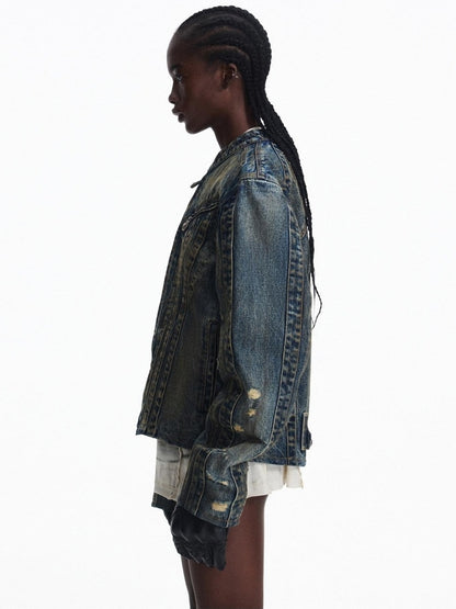 PEOPLESENSE Washed Denim Pure Cotton Slim Fit Patchwork Urban Short Zip Unisex Jacket